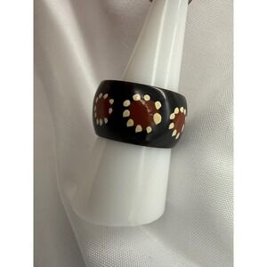 Vintage Chunky Resin Dome Ring Brown  Cream Polka Dot Sunflower Statement Sz 9